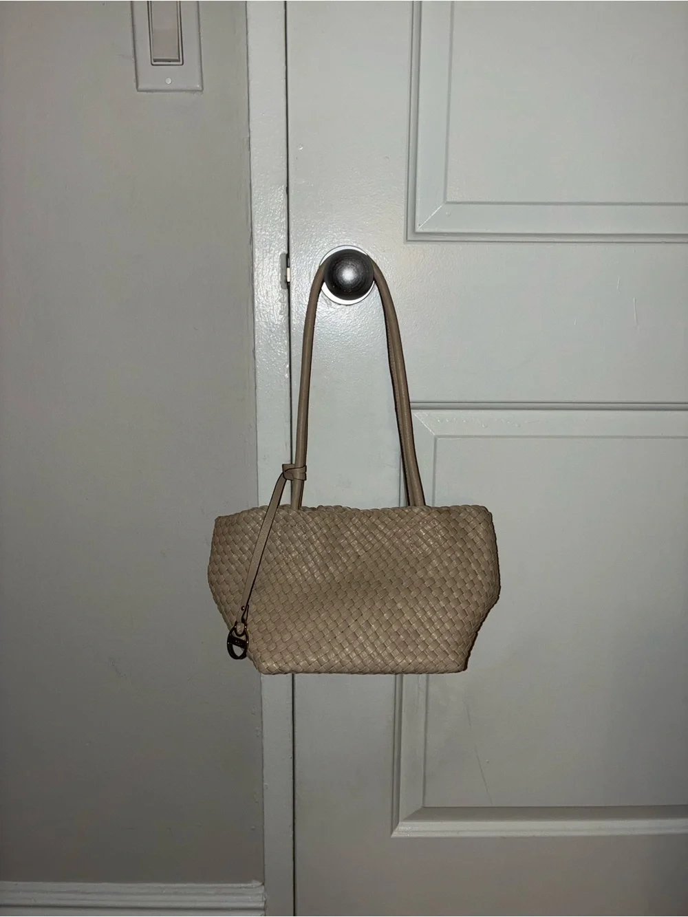 Lodis Woven Leather Shoulder Bag Taupe Gold Hardware